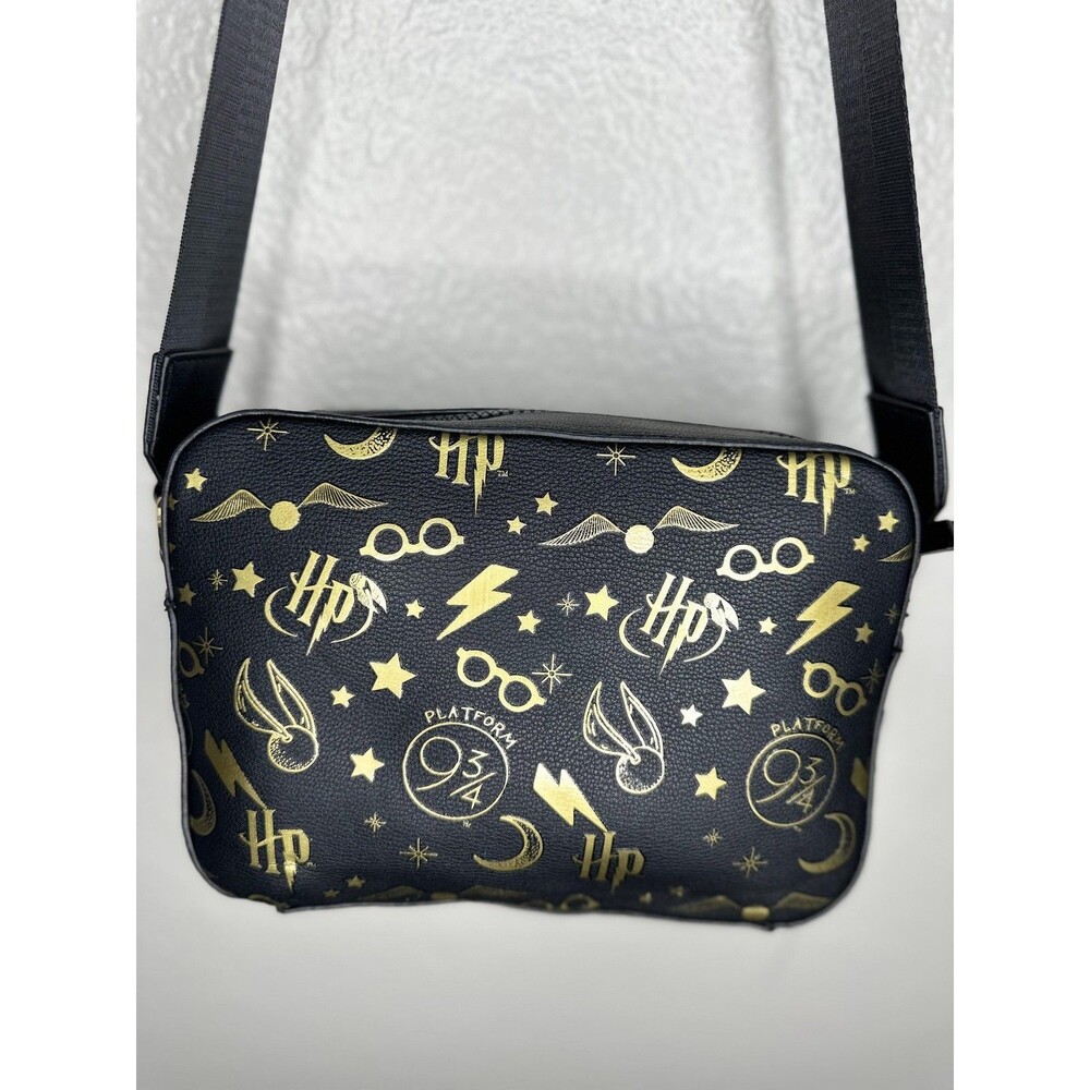 NEW Harry Potter Crossbody Bag Adults Small Black Faux Leather Logo Gold Icons - Picture 6 of 7